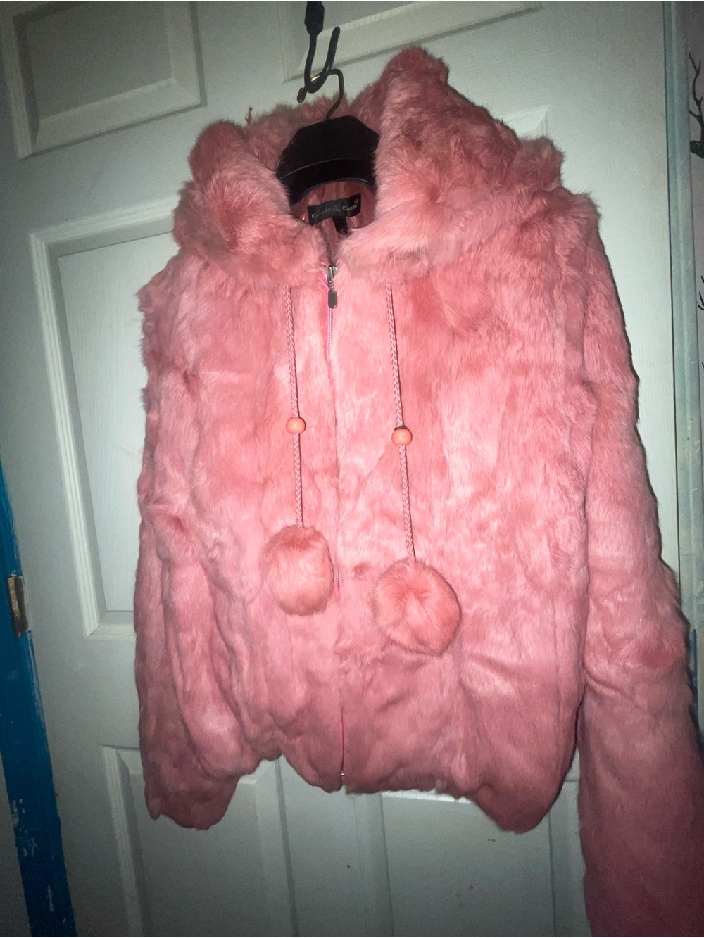 Plush Hooded Teddy Jacket with Pom-Pom Drawstrings - Pink